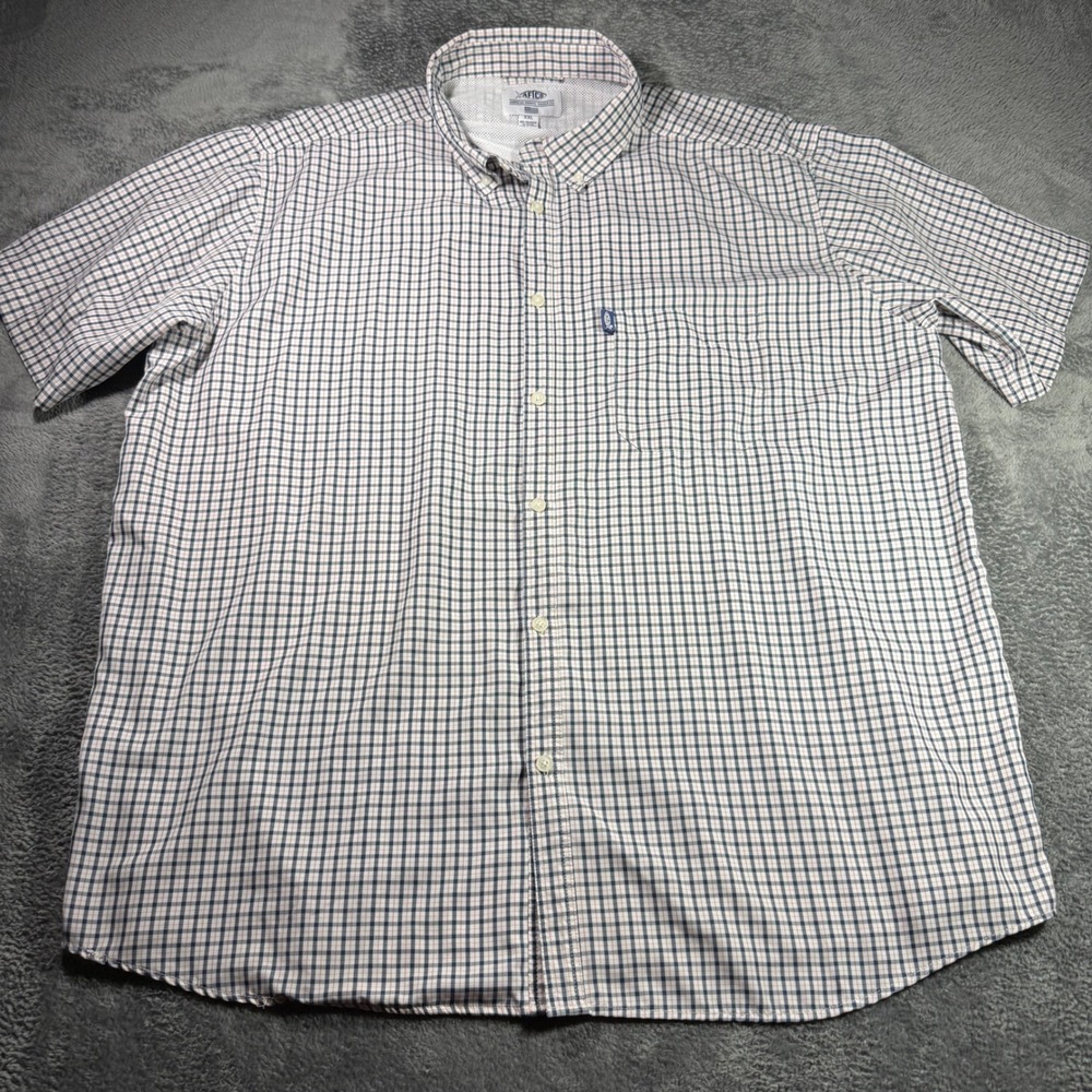 AFTCO Mens XXL Short Sleeve AFTECH Vented Fishing Shirt Navy Red Plaid Button Up